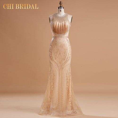 Luxury Golden Evening Dresses Crystal Beading Long Mermaid Prom Gown Glitter Elegant Party Dress Pattern Formal Dress 2021
