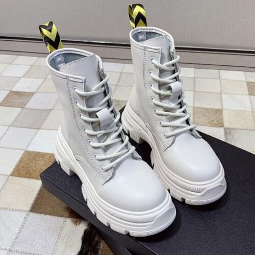 Newest Fashion Zipper Flat Shoes Woman High Heel Platform PU Leather Boots Lace Up Women Shoes White Military Botas Mujer Girls