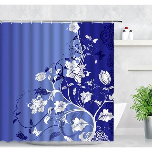 Modern Simple Floral Shower Curtains White Flowers Butterfly Blue Backdrop Print Creative Decor Waterproof Bathroom Curtain Sets