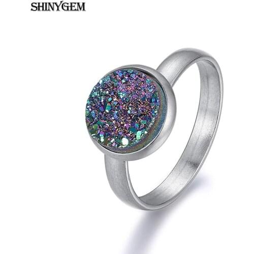 ShinyGem Sparkling Druzy Stone Rings Adjustable Stainless Steel Open Rings Contracted style Round Crystal Stone Rings For Women
