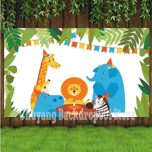Cartoons Giraffe Tropical Forest Happy Birthday Cake Table Decor Photography Background Newborn Baby Wild One Backdrops Vinly