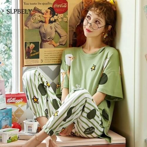 SLPBELY Women Pajamas Set Homewear Summer Cartoon Star Printed Short Sleeve Sleepwear Nightwear Cute Homesuit Pyjamas Pijamas