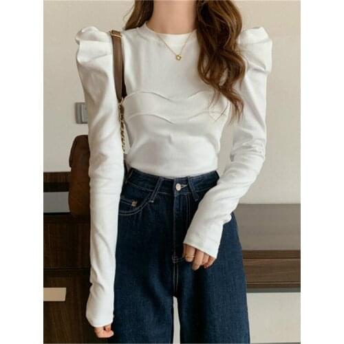 2020 Women Fashion Clothing White Long Sleeve T-shirt for Women Slim Fit Bubble Sleeve Solid Color Simple Tshirt