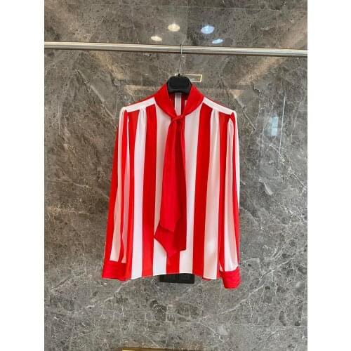 Fashion 2021 New Ladies Long Sleeve Sexy Casual Neckline Ribbon Silk Striped Shirt 1218