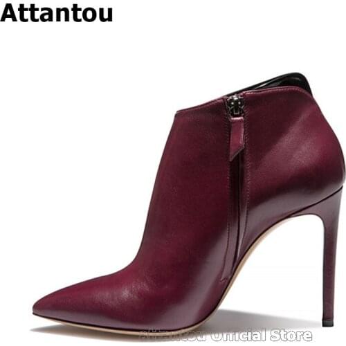 Luxury Wine Red Leather Women Pointed Toe Ankle Boots Real Leather Zapatos Mujer Fashon Thin High Heels Femme Ladies Short Boot