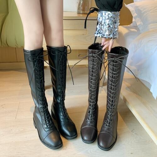 Womens boots 2019 new fashion PU stitching surface with long tube riding boots trend retro square with Martin boots