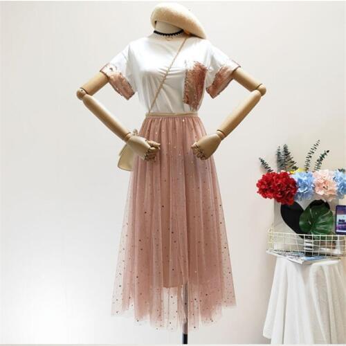 New ladies sets fashion gentle sequins short-sleeved T-shirt stars sequins mesh skirt suit high-end 2/piece 2019 womens summer