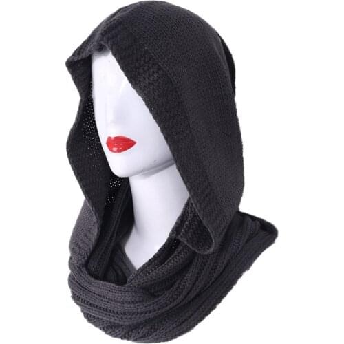 Womens Winter Crochet Knitted Hood Loop Infinity Scarf Outdoor Windproof Warm Long Shawl Wrap Solid Color Earflap Hat Neck