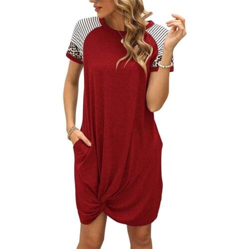 Leopard Patchwork Short Sleeve Dress Women Clothes Summer O-neck Pocket Sexy Mini Dresses Casual Plus Size Street Dress Ladies