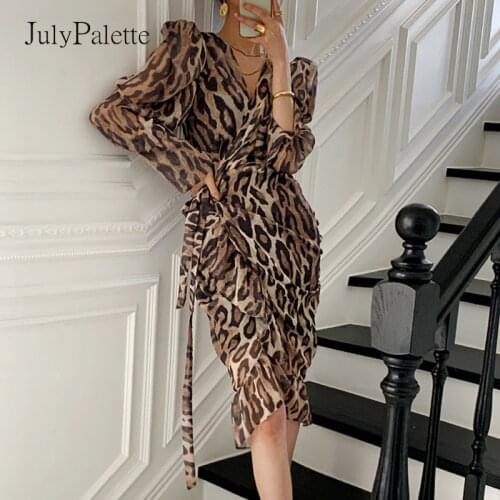 JulyPalette High Waist Belted Wrap Women Dress Fashion Leopard Irregular Female Dresses Sexy Ruffles Slim Long Sleeves Dress New