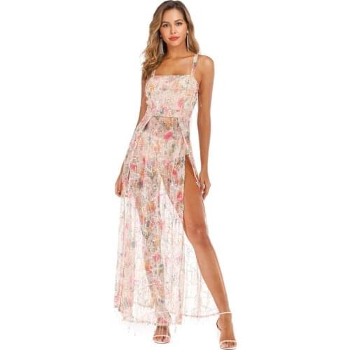 Ziamonga Gorgeous Sequin Floral Sheer Mesh Bodysuit Dress Women Sleeveless Cross Criss High Split Bodycon Maxi Club Party Dress