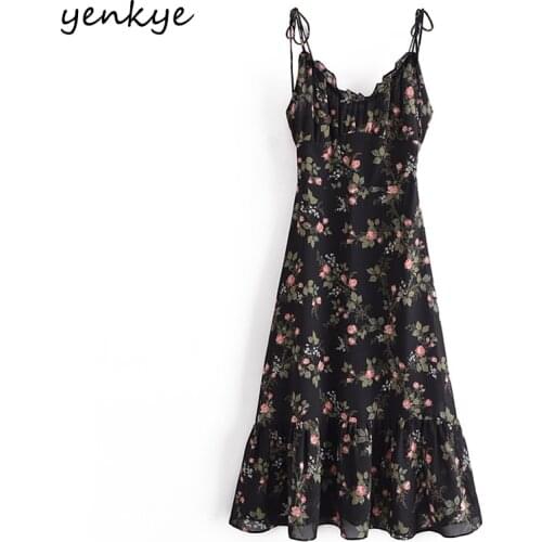 YENKYE Holiday Summer Women Vintage Floral Print Chiffon Dress Female V Neck A-line Midi Sexy Sling Clothes Prairie Chic Vestido