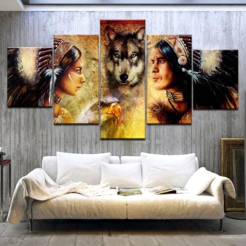 5 Panel HD Print Painting Indians and Wolf wall posters Print On Canvas Art Painting For living room home decoration artwork