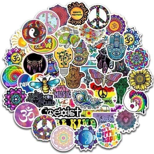 50pcs Colorful Peace Series Graffiti Hippie Stickers For Computer Laptop Notebook Skateboard Guitar Luggage Waterproof Sticker