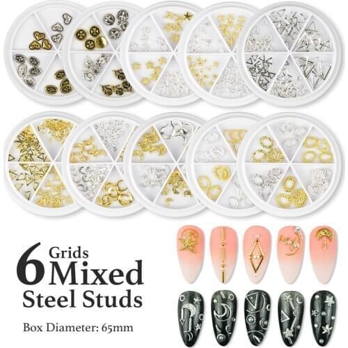 [Beautizon] 6 Grids Mixed Steel Studs Stars moons triangles Charms Nails DIY Accessories Nail Decoration Nail Art Rhinestones