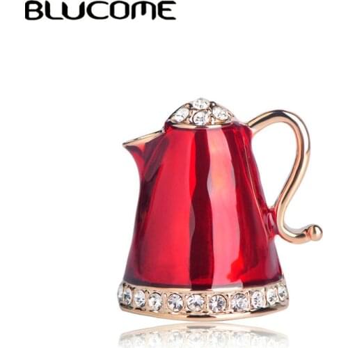 Blucome New Teapot Shape Red Enamel Brooches Shining Crystals Brooch For Women Clothes Bag Corsage Pins Sweater Clip Accessories
