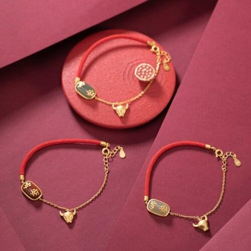 S925 sterling silver Southern red agate Gray jade Old National tide Cute cow Chinese zodiac cow Birth year Red Rope Bracelet