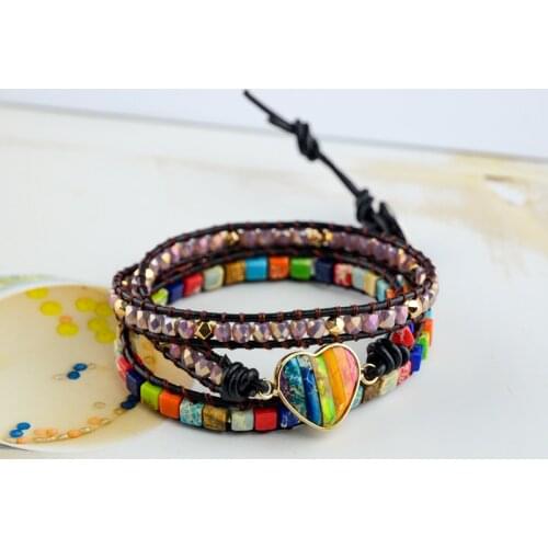 Chakra Bracelet Jewelry Handmade Multi Color Natural Stone Tube Beads Leather Wrap Bracelet Couples Bracelets Gifts