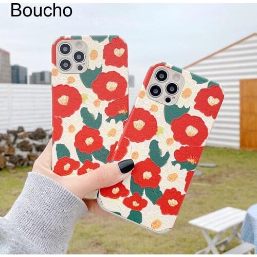 Boucho For iphone 11 Pro MAX 7 8 plus XR X XS MAX Red flowers pattern lens protection Anti-drop Phone case For iphone 12 Pro MAX