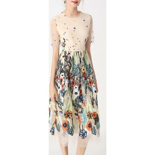 Designer Fashion Summer Dress Women Mesh Embroidery Floral High Quality Patchwork Dresses