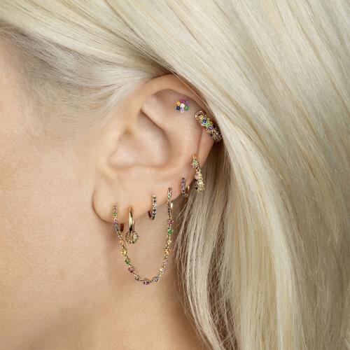Double hole mini Gold hoops with rainbow cz station chain girlfriend gift 2019 top quality colorful charming tassel earring
