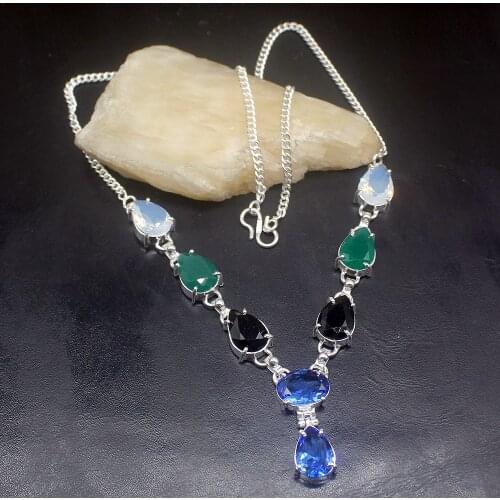 Gemstonefactory Jewelry Big Promotion Unique 925 Silver Agate Onyx Opal Blue Topaz Gifts Women Chain Necklace 48cm 202101458