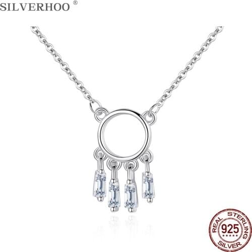 SILVERHOO 925 Sterling Silver Trendy Dreamcatcher Pendant Necklaces For Women Geometry Zircon Necklace Charms Dangle Jewelry