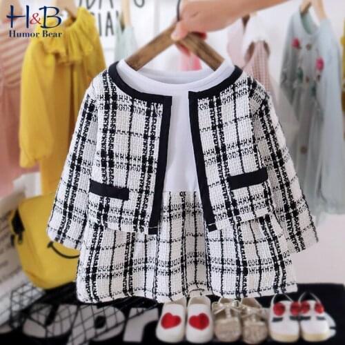 Humor Bear Baby Girls Clothes Set Plaid Printed Cardigan +Long Sleeve Dress 2pcs Casual Toddler Clothes