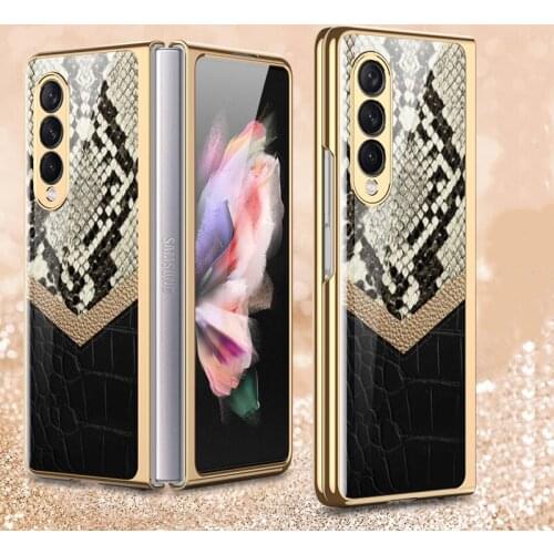 Leather texture Pattern Case For Samsung Galaxy Z Fold 3 Case Luxury Plating Frame Hard Glass Back Cover For Galaxy Z Fold3 5G