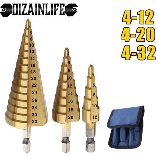 12/20/32mm HSS Step Drill Bit Metal Twist Stepped Cobalt Cone Titanium Coated Straight/Spiral Groove Drill Taper Bit Power Tools