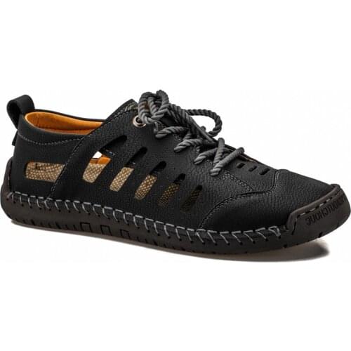 Summer Men Leather Casual Shoes Hollow Breathable Soft Moccasins Flats Lace Up Mens Shoes Big Size 38-48