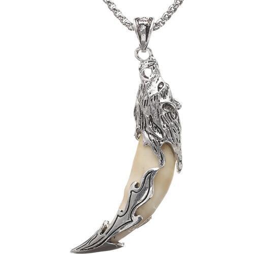Mens Silver Color Cream Tribal Design Wolf Tooth Charm Pendant Necklace W/ SS Chain 24" Long