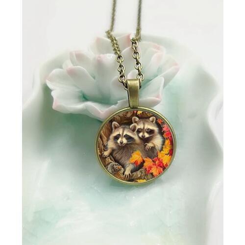 2019 new fashion cute tree hole raccoon glass convex round pendant necklace