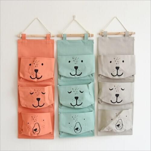 Wall Hanging Storage Bag 3 Pocket Fabric Linen Wall Mounted Wardrobe Closet Hang Bag Wall Pouch Sundries Toy Organizer