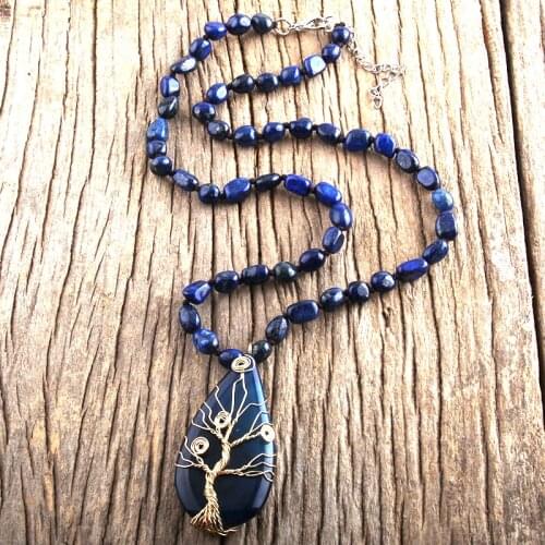 RH Fashion Bohemian Jewelry Random Shape Natural Stones Knotted With Semi Precious Pendant Women Boho Necklace Gift