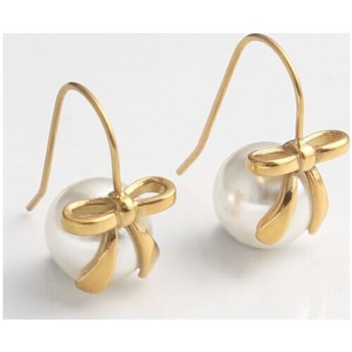 Hot Selling Fashion Jewelry Bowknot Style Hoops Stainless Steel Everyday Earrings 18K Gold Plated Pearl Drop Earrings For Women