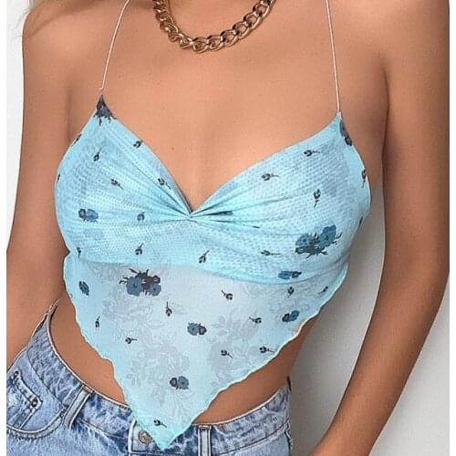 Mesh Butterfly Pattern Printed Camisole Sexy Deep V-Neck Sleeveless Slim Wrapped Chest Fit Wild Base Cropped Sling Tops