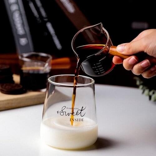 Glass Measuring Cups Mouth Milk Cup Wooden Handle Coffee Milk Jug Pots Mini Tea Mug Coffee Measuring Cups with Scale Drinkware