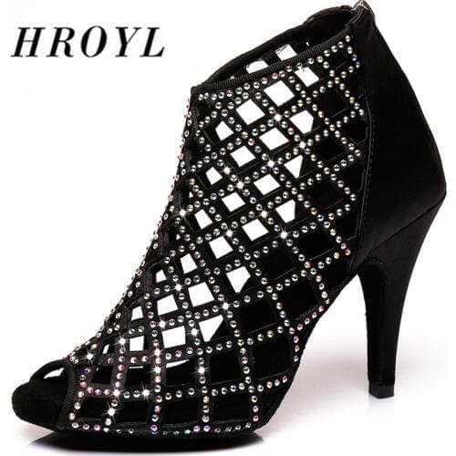 HROYL New Women Latin dance shoes Female Girl salsa sandal cuts-out Rhinestone Ladies Ballroom tango samba Sexy Party Heel6-10CM