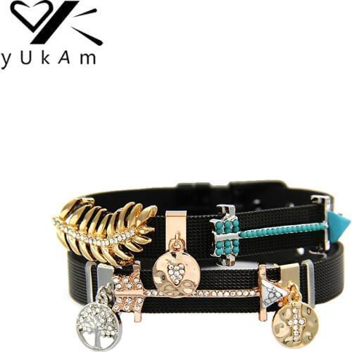YUKAM Crystal Slider Life Tree Love Heart Cross Arrow Green Beads Palm Tree Leaf Slide Charms Keeper for Bracelet Jewelry Making