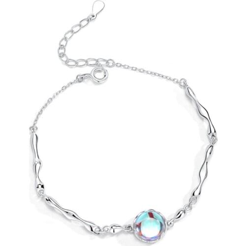 ZEMIOR 925 Sterling Silver Sparkling Aurora Moonstone Charm Bracelet For Women Bamboo Chain Link Bracelets Fine Jewelry Gift