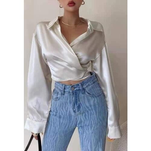 2021 Summer Long Sleeve White Blouse Women V-neck Streetwear Strappy Shirt Womens Loose-fitting Solid Tops Design Shirt 15602
