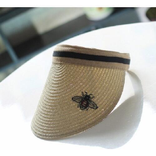 Womens Wide Brim Visor Hat Outdoor Bee Embroidery Beach Clip on Straw Hat Travel Sun Cap