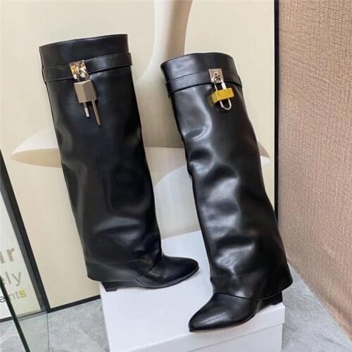 2021 New Lock Design Women Wedge Boots Black Fold Knee High Boots Female Pointed Toe Genuine Leather Long Botas Mujer