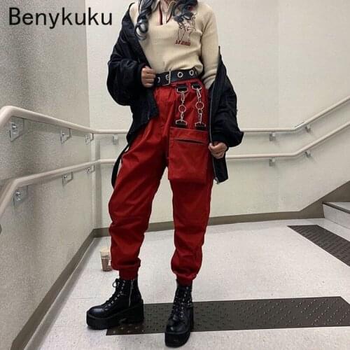 Korean Streetwear Women Goth Hip Hop Punk Harem Loose Pants Women Elastic High Waist Trousers Black Red Gothic Baggy Cargo Pants