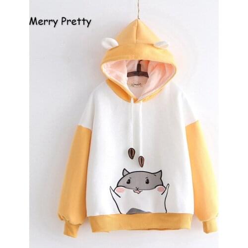 Merry Pretty Women Cartoon Print With Ears On Hood Hoodies Sweatshirts 2020 Winter Long Sleeve Hooded Tracksuit Loose Pullovers