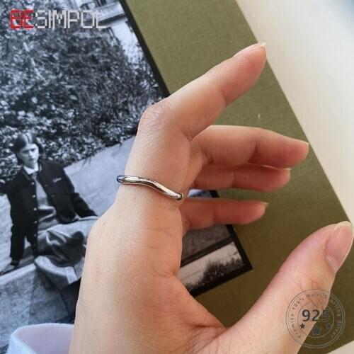Besimpol Minimalist Real 925 Sterling Silver Ring Glossy Curved Simple Adjustable Ring for Women Fashion Fine Jewelry