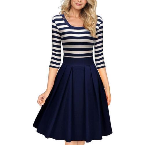 Women Summer dress Hot sells Seven-point Sleeve Round neck High Waist Stripes were thin Preppy style dress