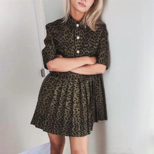 2021 Early Spring New Women Dress Crystal Embellished Leopard Print Jacquard High Waist Pleated Ladies Dress