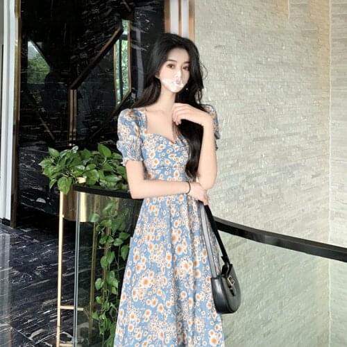 2021 Summer Women Long Dress Elegant Square Collar Floral Daisy Print Short Sleeves Party Chiffon Casual A-line Maxi Dress